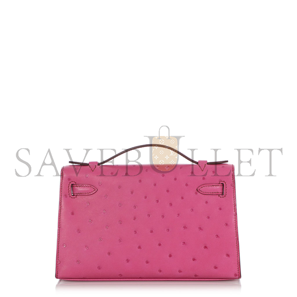 H**mes master fuchsia ostrich kelly pochette palladium hardware (22*14*7cm)